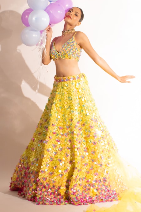 Anshika Tak Label Yellow Net Sequin Embellished Lehenga Set