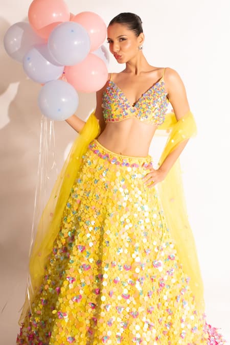 Anshika Tak Label_Yellow Net Sequins, Pearls V-neck Embellished Lehenga Set _at_Aza_Fashions