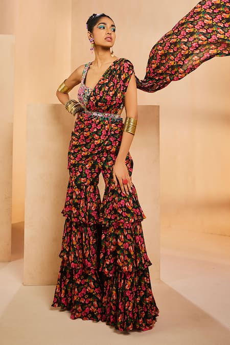 Aneesh Agarwaal Floral Print Sharara Saree With Blouse 