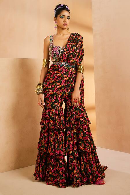 Aneesh Agarwaal_Black Chiffon, Silk Embroidery, Sequins, Floral Print Sharara Saree With Blouse _at_Aza_Fashions