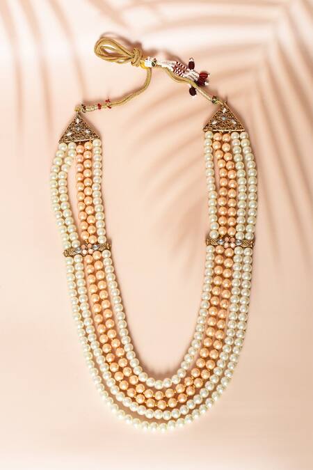 Arihant Rai Sinha_Peach Crystals And Pearls Multi-layered Mala _Online_at_Aza_Fashions