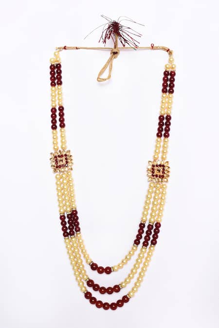 Aryavir Malhotra Maroon Crystal And Pearls Embellished Layered Mala 