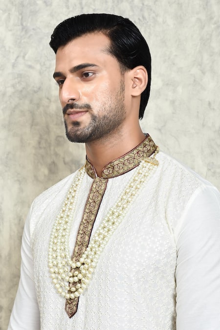 Arihant Rai Sinha_Cream Crystal And Pearl Embellished Layered Mala _Online_at_Aza_Fashions