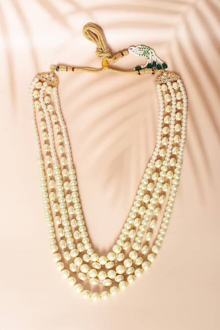Buy_Arihant Rai Sinha_Cream Crystal And Pearl Embellished Layered Mala _Online_at_Aza_Fashions