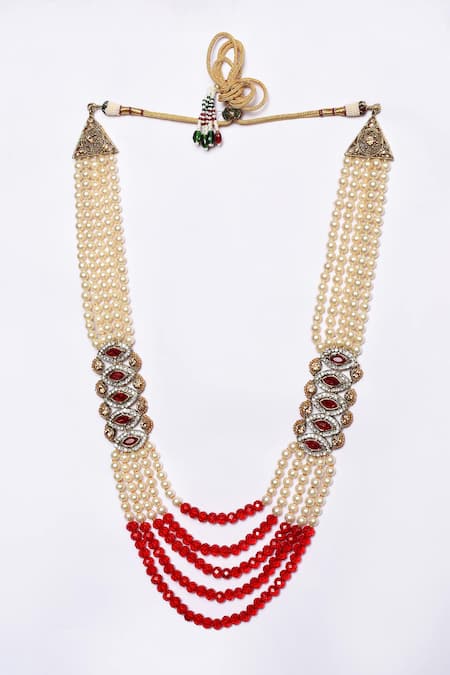 Aryavir Malhotra Red Crystal And Pearl Embellished Layered Mala 