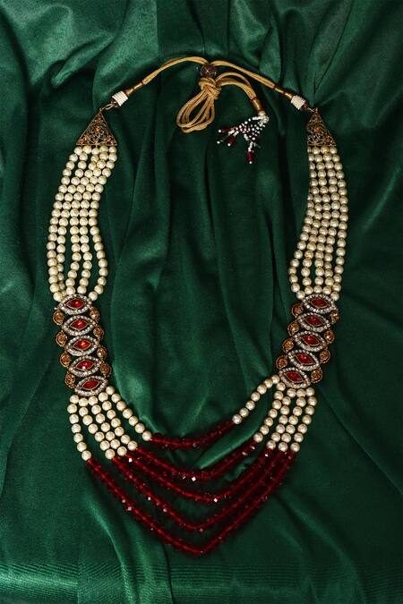 Arihant Rai Sinha_Red Crystals And Pearl Embellished Layered Mala _Online_at_Aza_Fashions