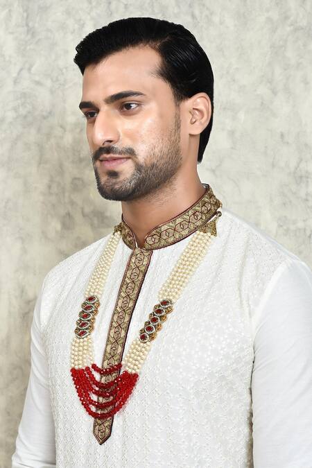 Buy_Arihant Rai Sinha_Red Crystals And Pearl Embellished Layered Mala _Online_at_Aza_Fashions