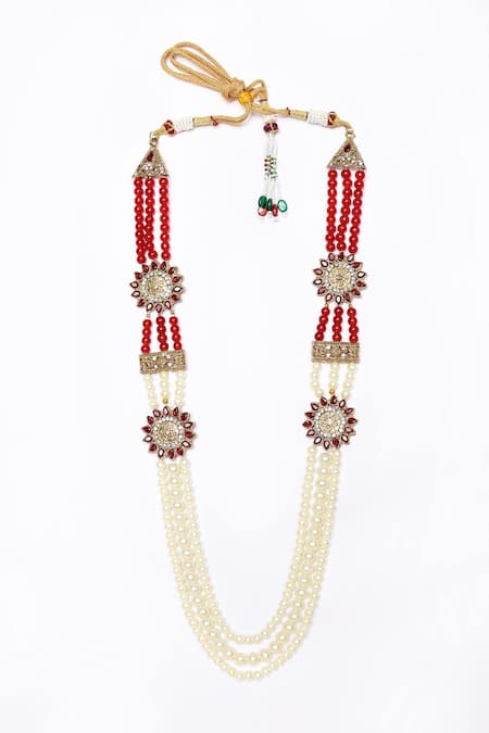 Aryavir Malhotra Maroon Crystal And Pearls Embellished Layered Mala 