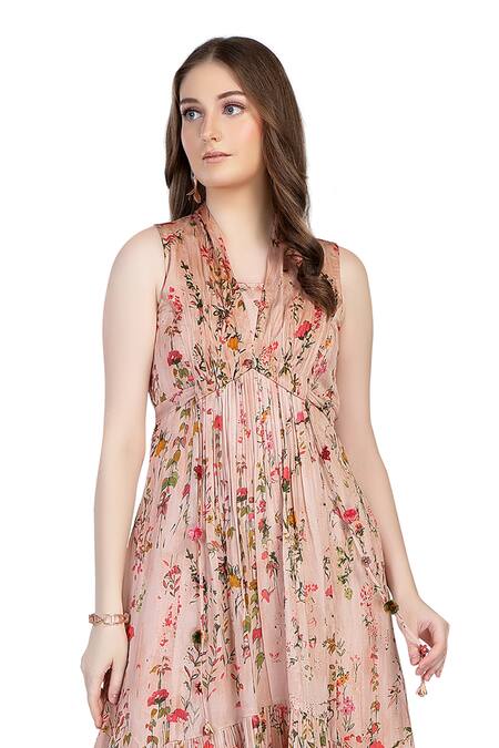 Whimsical By Shica_Peach Organza, Satin Tassels V-neck Floral Print High Low Dress _Online_at_Aza_Fashions