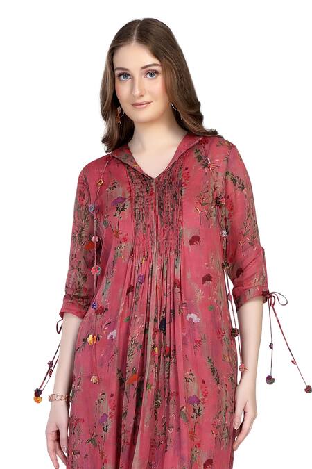 Whimsical By Shica_Pink Organza, Satin Tassels Collared Blossom Print Midi Dress _Online_at_Aza_Fashions