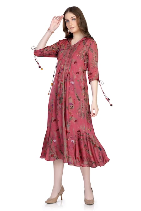 Buy_Whimsical By Shica_Pink Organza, Satin Tassels Collared Blossom Print Midi Dress _Online_at_Aza_Fashions