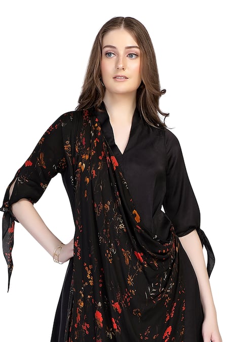 Whimsical By Shica_Black Organza, Satin V-neck Bloom Print Cowl Draped Midi Dress _Online_at_Aza_Fashions