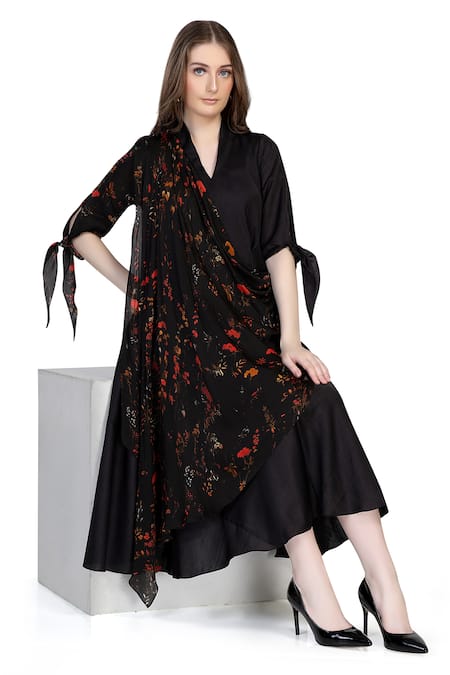 Buy_Whimsical By Shica_Black Organza, Satin V-neck Bloom Print Cowl Draped Midi Dress _Online_at_Aza_Fashions