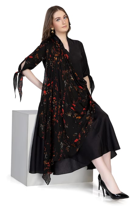 Shop_Whimsical By Shica_Black Organza, Satin V-neck Bloom Print Cowl Draped Midi Dress _Online_at_Aza_Fashions