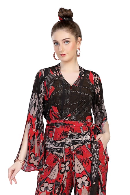 Buy_Whimsical By Shica_Red Crepe V-neck Graphic Bloom Print Jumpsuit _Online_at_Aza_Fashions