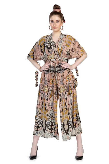 Whimsical By Shica_Pink Crepe V-neck Graphic Bloom Print Jumpsuit _Online_at_Aza_Fashions