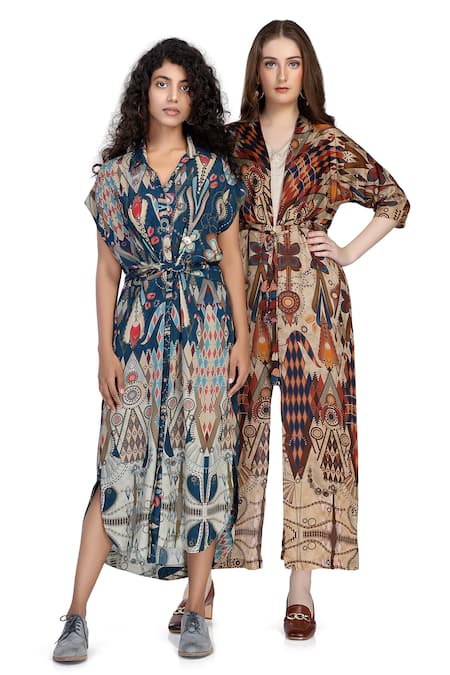 Whimsical By Shica_Brown Organza, Satin V-neck Graphic Print Jumpsuit _Online_at_Aza_Fashions