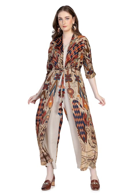 Buy_Whimsical By Shica_Brown Organza, Satin V-neck Graphic Print Jumpsuit _Online_at_Aza_Fashions
