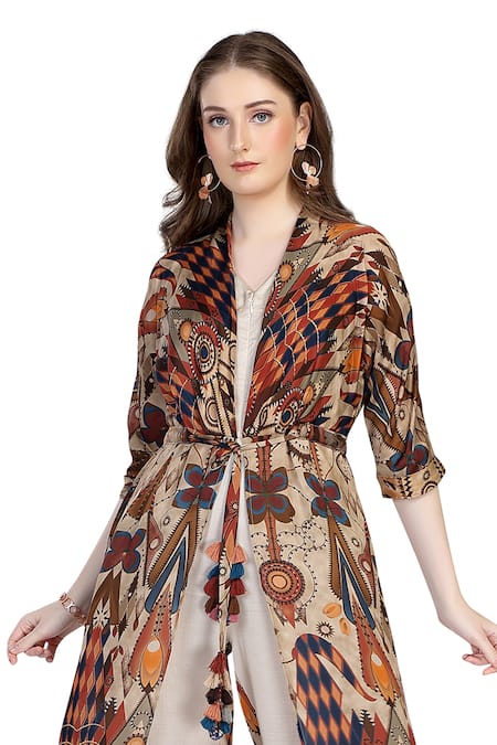 Shop_Whimsical By Shica_Brown Organza, Satin V-neck Graphic Print Jumpsuit _Online_at_Aza_Fashions