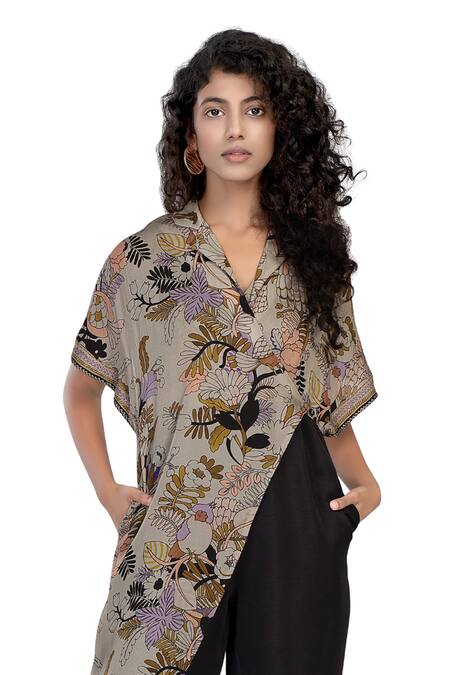 Whimsical By Shica_Grey Organza, Satin Collared Bird Life Print Jumpsuit _Online_at_Aza_Fashions