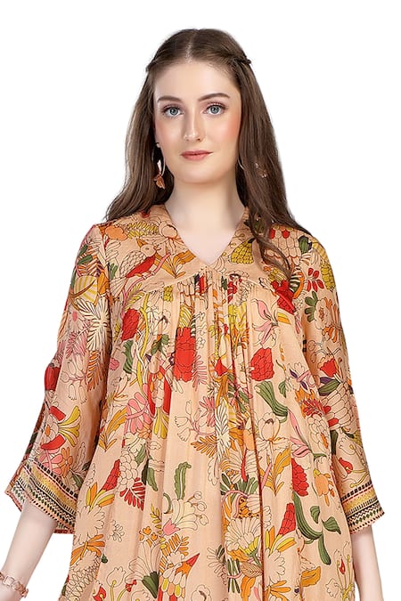 Whimsical By Shica_Peach Organza, Satin V-neck Flora Fauna Print Midi Dress _Online_at_Aza_Fashions