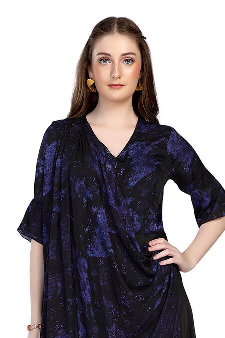 Whimsical By Shica_Purple Organza, Satin V-neck Abstract Splash Print Draped Jumpsuit _Online_at_Aza_Fashions