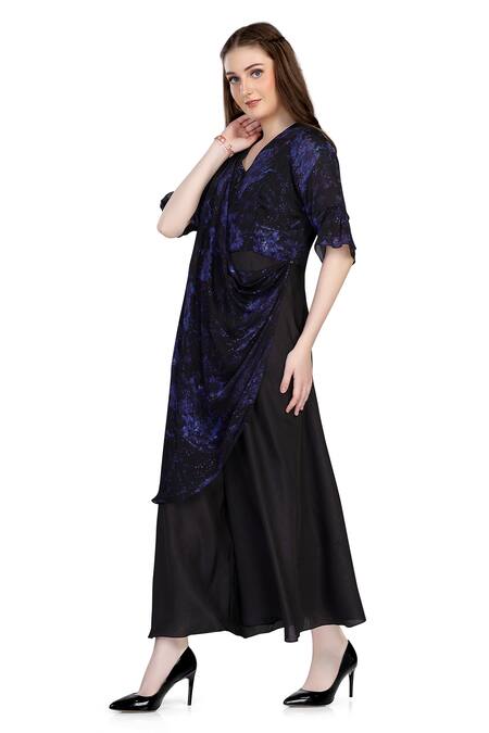 Buy_Whimsical By Shica_Purple Organza, Satin V-neck Abstract Splash Print Draped Jumpsuit _Online_at_Aza_Fashions
