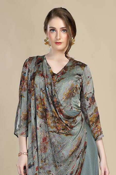 Whimsical By Shica_Blue Organza, Satin V-neck Splash Tree Print Draped Jumpsuit _Online_at_Aza_Fashions