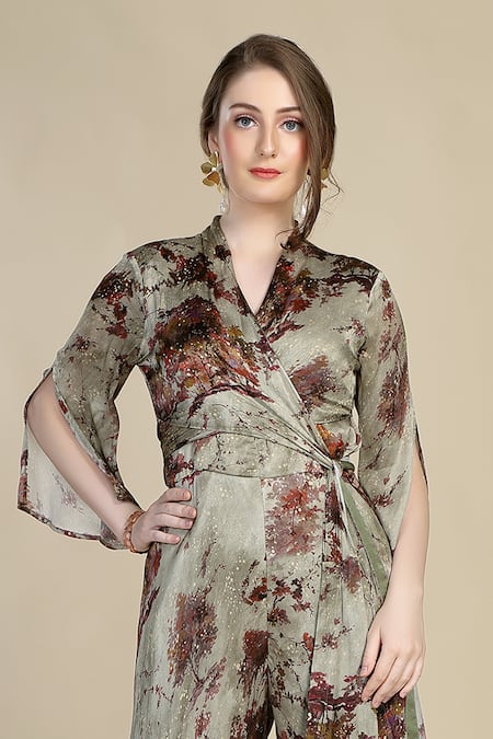 Whimsical By Shica_Green Organza, Satin V-neck Spring Tree Wrap Jumpsuit _Online_at_Aza_Fashions