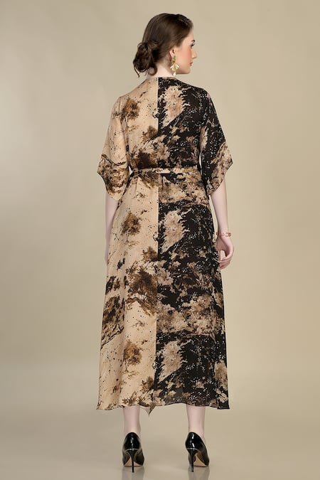 Whimsical By Shica_Black Organza, Satin V-neck Forest Print Wrap Dress _Online_at_Aza_Fashions