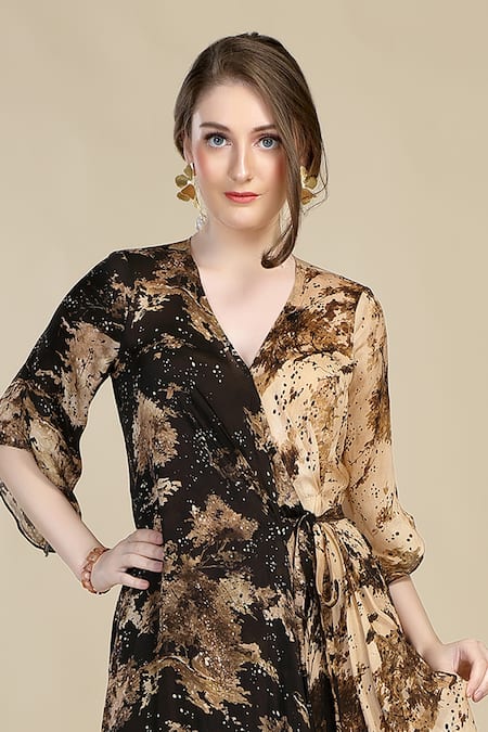 Buy_Whimsical By Shica_Black Organza, Satin V-neck Forest Print Wrap Dress _Online_at_Aza_Fashions