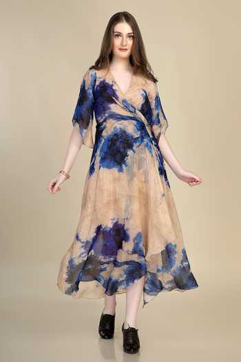 Whimsical By Shica Peach Organza V-neck Water Lily Print Wrap Dress Online at Aza Fashions Whimsical By Shica_Peach Organza V-neck Water Lily Print Wrap Dress _Online_at_Aza_Fashions