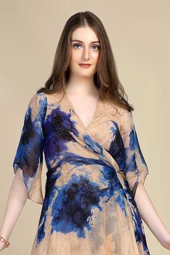 Buy Whimsical By Shica Peach Organza V-neck Water Lily Print Wrap Dress Online at Aza Fashions Buy_Whimsical By Shica_Peach Organza V-neck Water Lily Print Wrap Dress _Online_at_Aza_Fashions