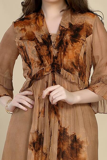 Whimsical By Shica_Gold Organza Collared Waterlily Print Midi Dress _Online_at_Aza_Fashions