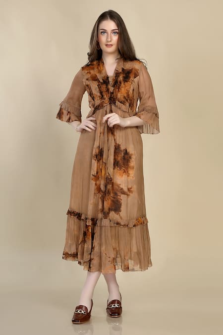 Buy_Whimsical By Shica_Gold Organza Collared Waterlily Print Midi Dress _Online_at_Aza_Fashions