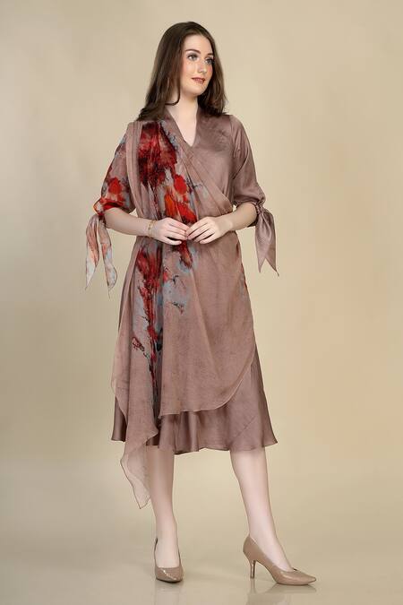 Buy_Whimsical By Shica_Grey Organza V-neck Flared Dress With Front Drape _Online_at_Aza_Fashions