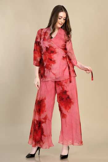 Shop Whimsical By Shica Pink Organza V-neck Waterlily Print Top And Pant Set Online at Aza Fashions Shop_Whimsical By Shica_Pink Organza V-neck Waterlily Print Top And Pant Set _Online_at_Aza_Fashions