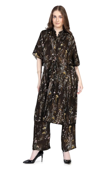 Whimsical By Shica_Black Organza, Satin Collared Floral Stroke Print Tunic And Pant Set _Online_at_Aza_Fashions