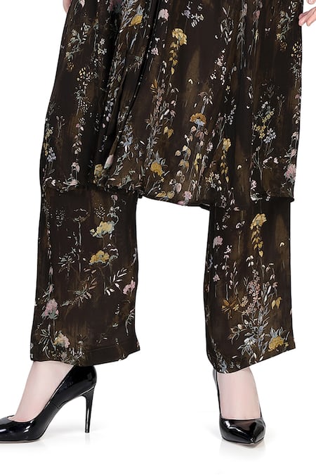 Buy_Whimsical By Shica_Black Organza, Satin Collared Floral Stroke Print Tunic And Pant Set _Online_at_Aza_Fashions