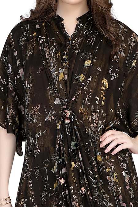 Shop_Whimsical By Shica_Black Organza, Satin Collared Floral Stroke Print Tunic And Pant Set _Online_at_Aza_Fashions