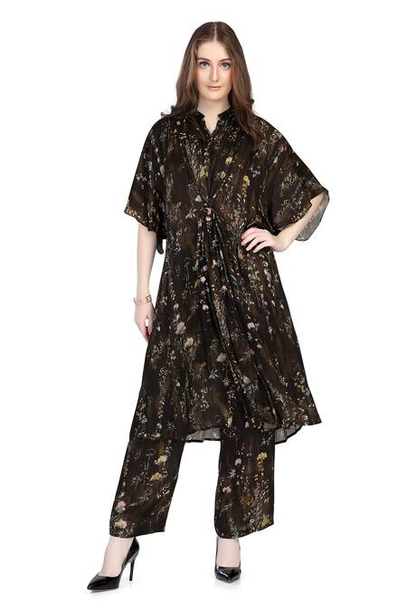 Whimsical By Shica_Black Organza, Satin Collared Floral Stroke Print Tunic And Pant Set _at_Aza_Fashions