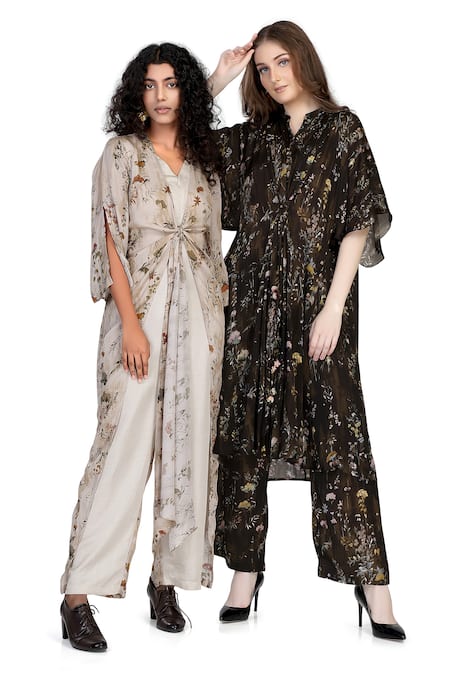 Buy_Whimsical By Shica_Black Organza, Satin Collared Floral Stroke Print Tunic And Pant Set 