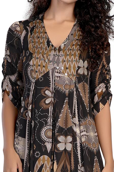 Whimsical By Shica_Black Organza, Satin Sequins V-neck Floral Print Embellished Dress _Online_at_Aza_Fashions