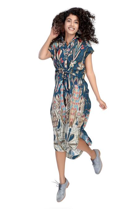 Buy_Whimsical By Shica_Blue Crepe Beads Collared Knotted Shirt Dress With Slip _Online_at_Aza_Fashions