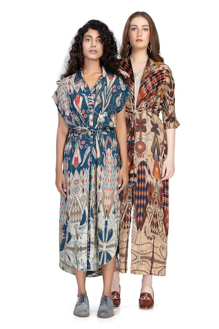 Shop_Whimsical By Shica_Blue Crepe Beads Collared Knotted Shirt Dress With Slip _Online_at_Aza_Fashions