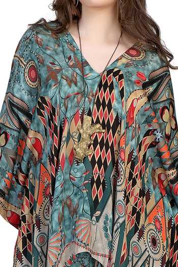 Whimsical By Shica_Blue Organza, Satin V-neck Printed Kaftan And Pant Set _Online_at_Aza_Fashions