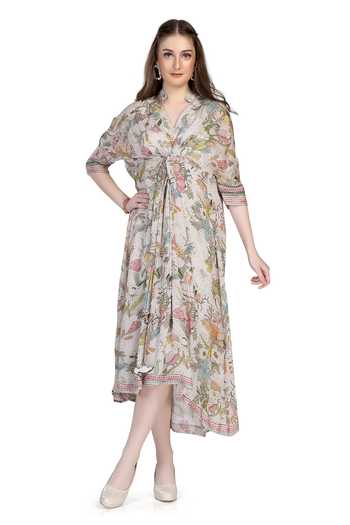 Whimsical By Shica White Organza, Satin Collared Floral Bird Print Shirt Dress Online at Aza Fashions Whimsical By Shica_White Organza, Satin Collared Floral Bird Print Shirt Dress _Online_at_Aza_Fashions