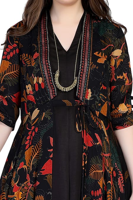 Whimsical By Shica_Black Organza, Satin Embroidery V-neck Floral Jacket Dress With Inner _Online_at_Aza_Fashions