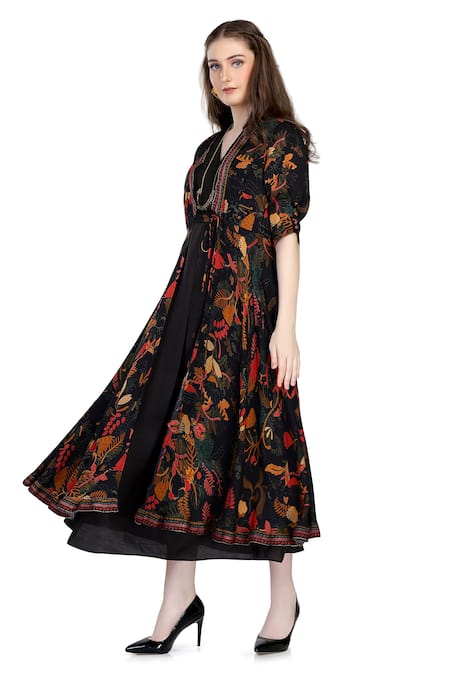 Buy_Whimsical By Shica_Black Organza, Satin Embroidery V-neck Floral Jacket Dress With Inner _Online_at_Aza_Fashions