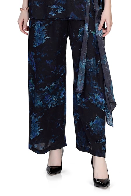 Whimsical By Shica_Blue Satin, Organza V-neck Wrap-over Printed Top And Pant Set _Online_at_Aza_Fashions